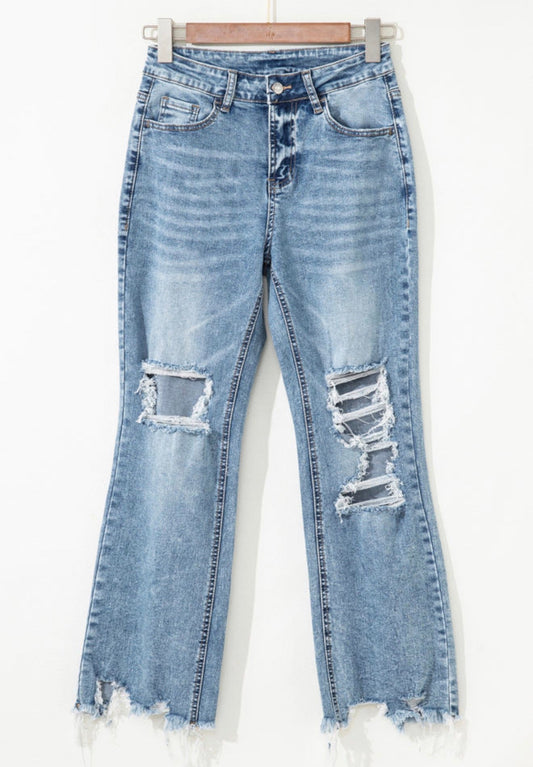 Raw Hem Ripped Flare Jeans
