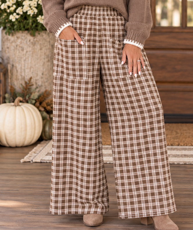Brown Plaid Wide Leg Pants