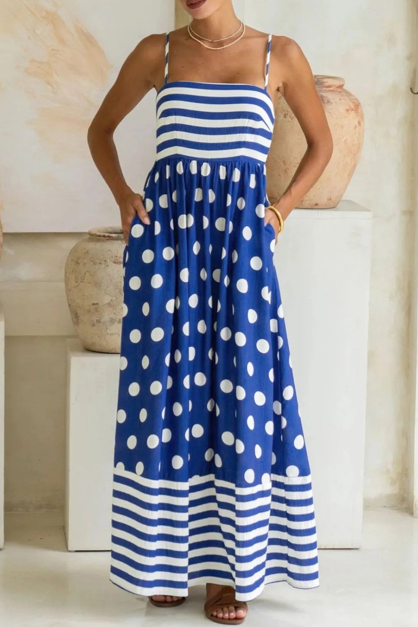 Blue Striped Polka Dot Maxi Dress