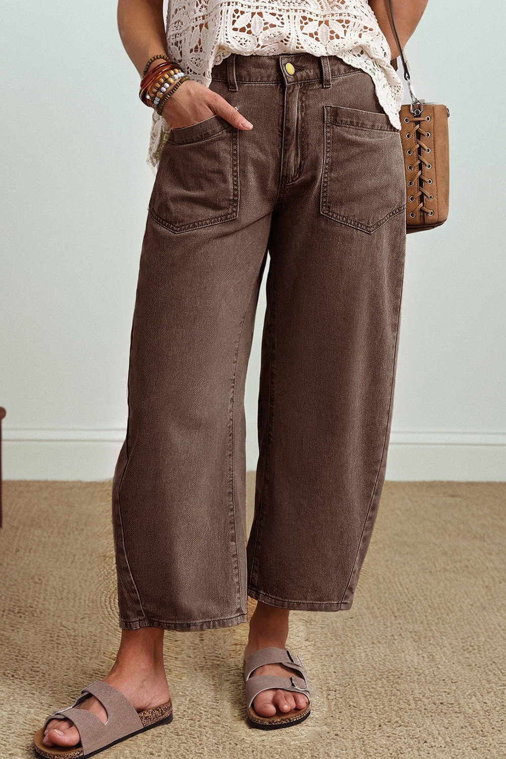 Coffee Square Barrel Jeans