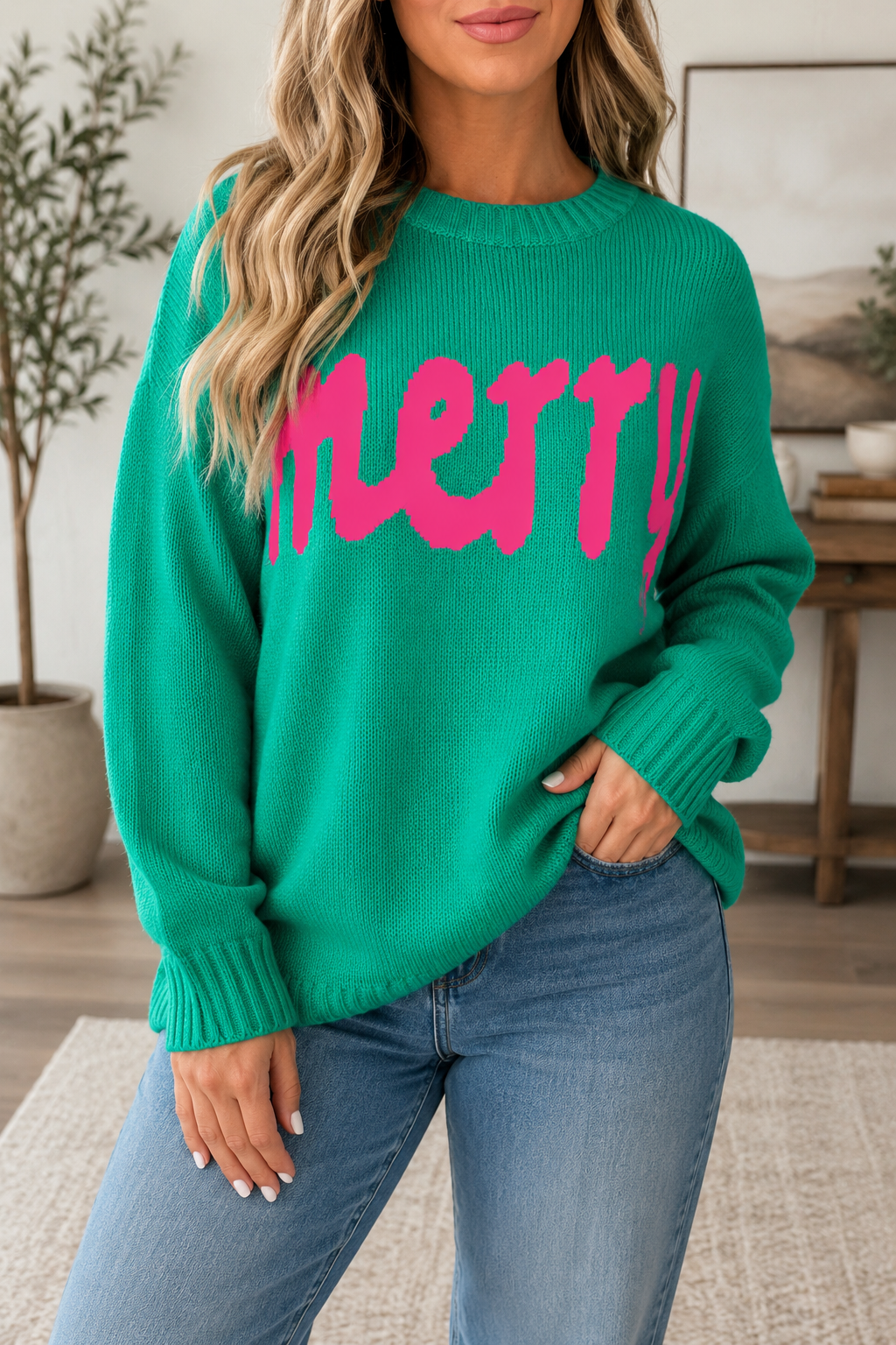 Green Ribbed Merry Sweater
