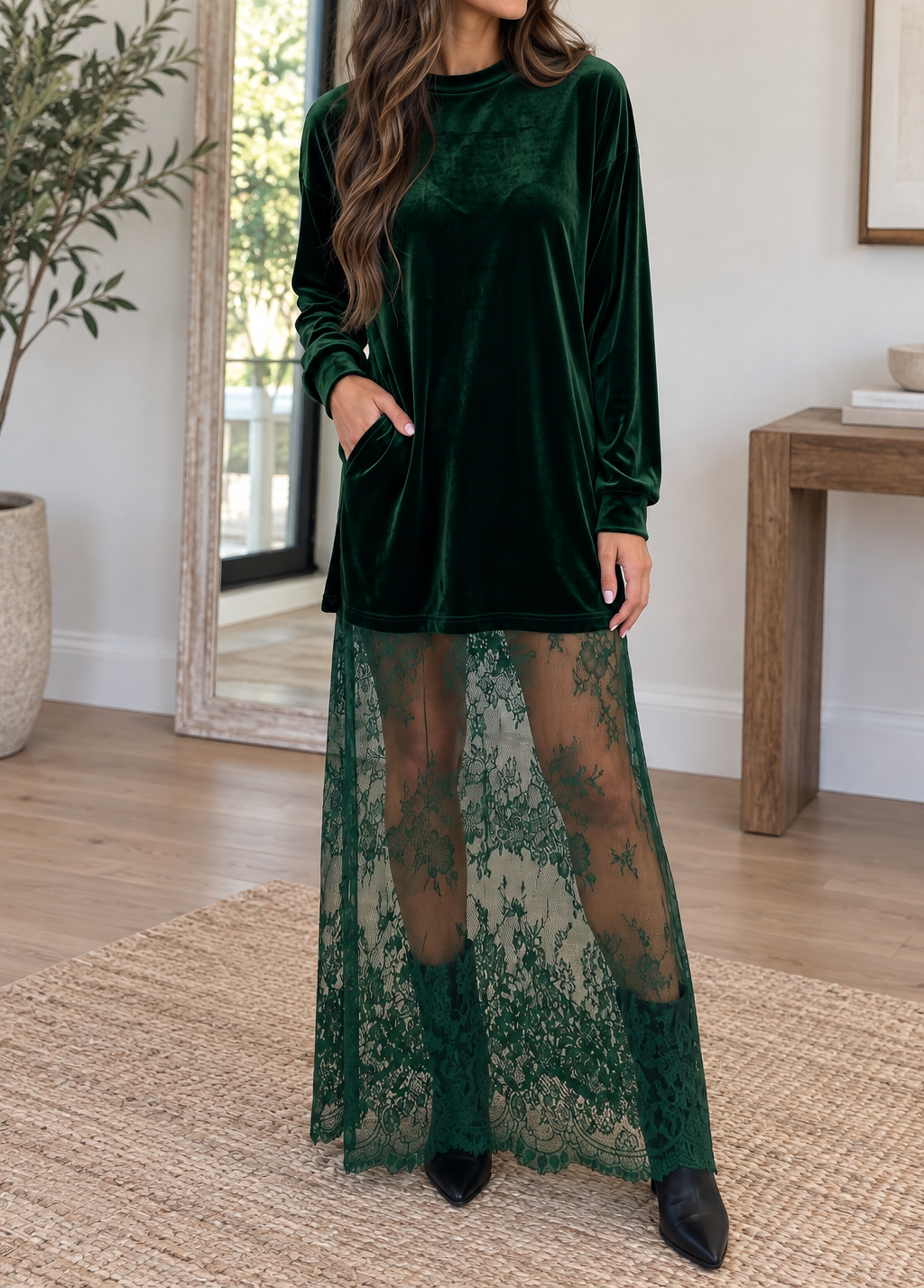 Green Velvet Lace Dress