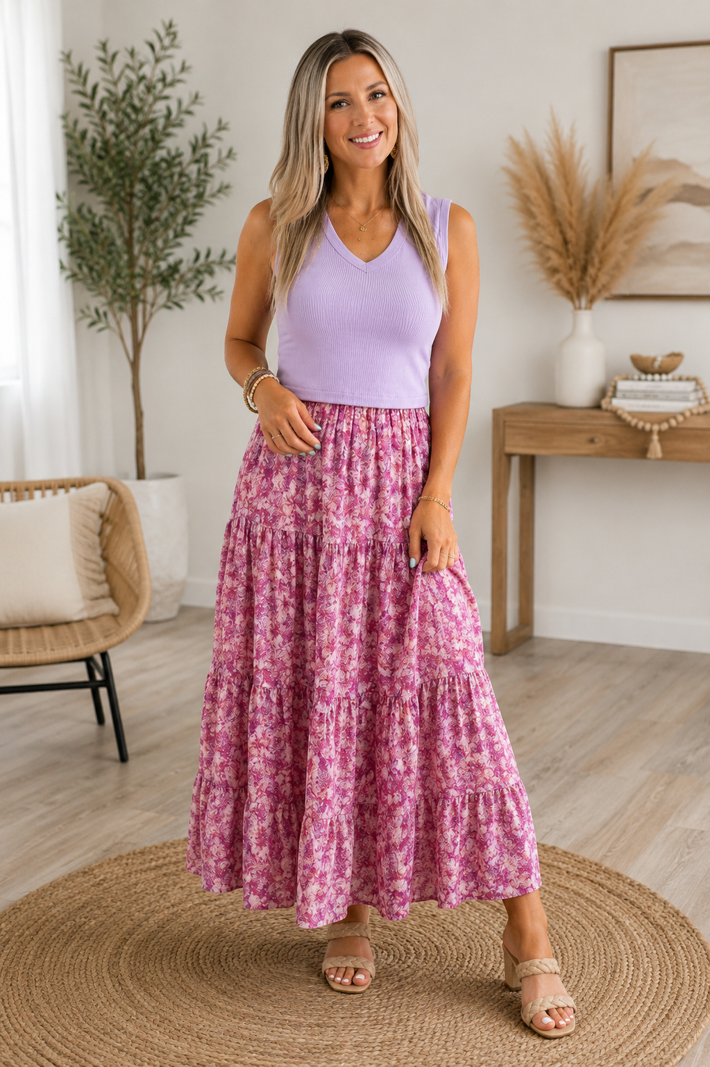 V Neck Tank Floral Contrast Patchwork Dress