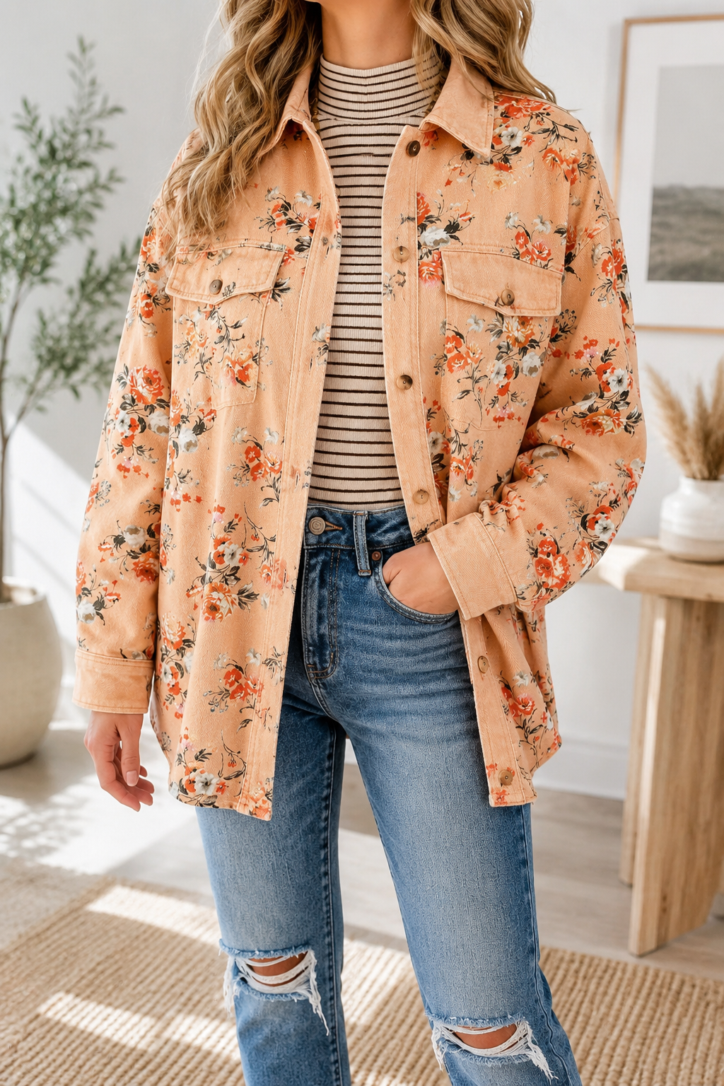 Khaki Floral Denim Jacket