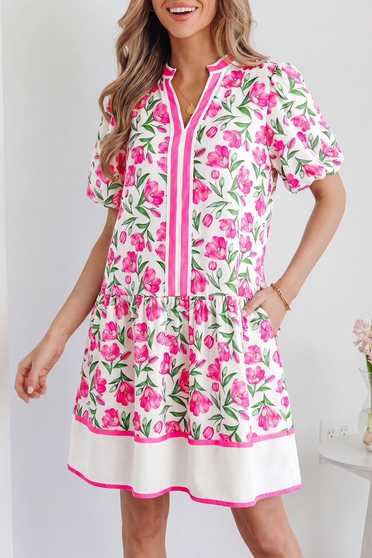 Pink Floral Striped Dress