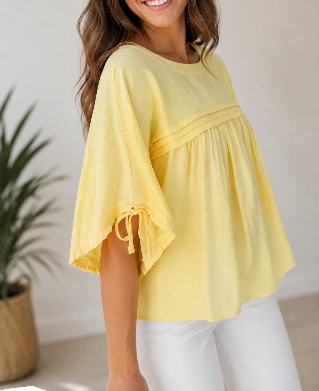 Yellow Tie Pleated Blouse