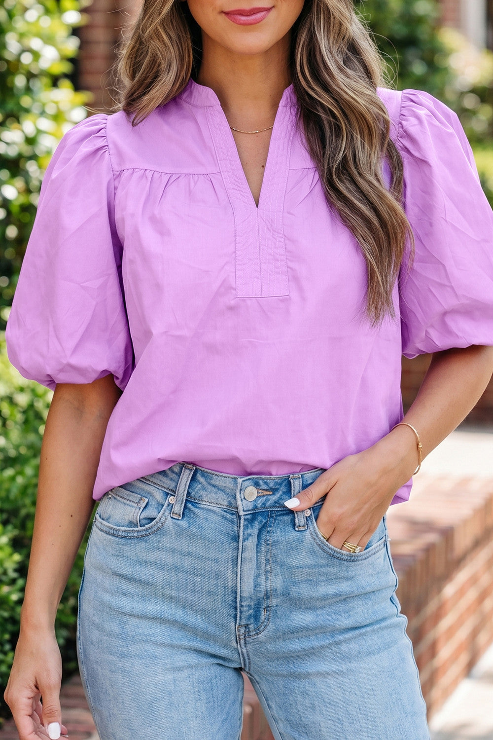 Purple Stitched Puffy Blouse