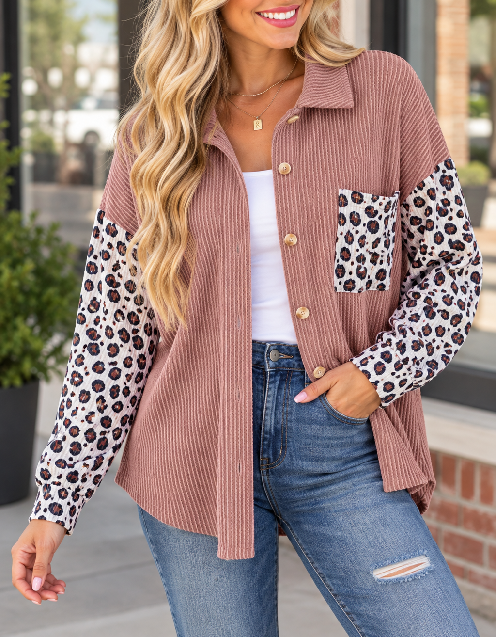 Leopard Ribbed Casual Shacket