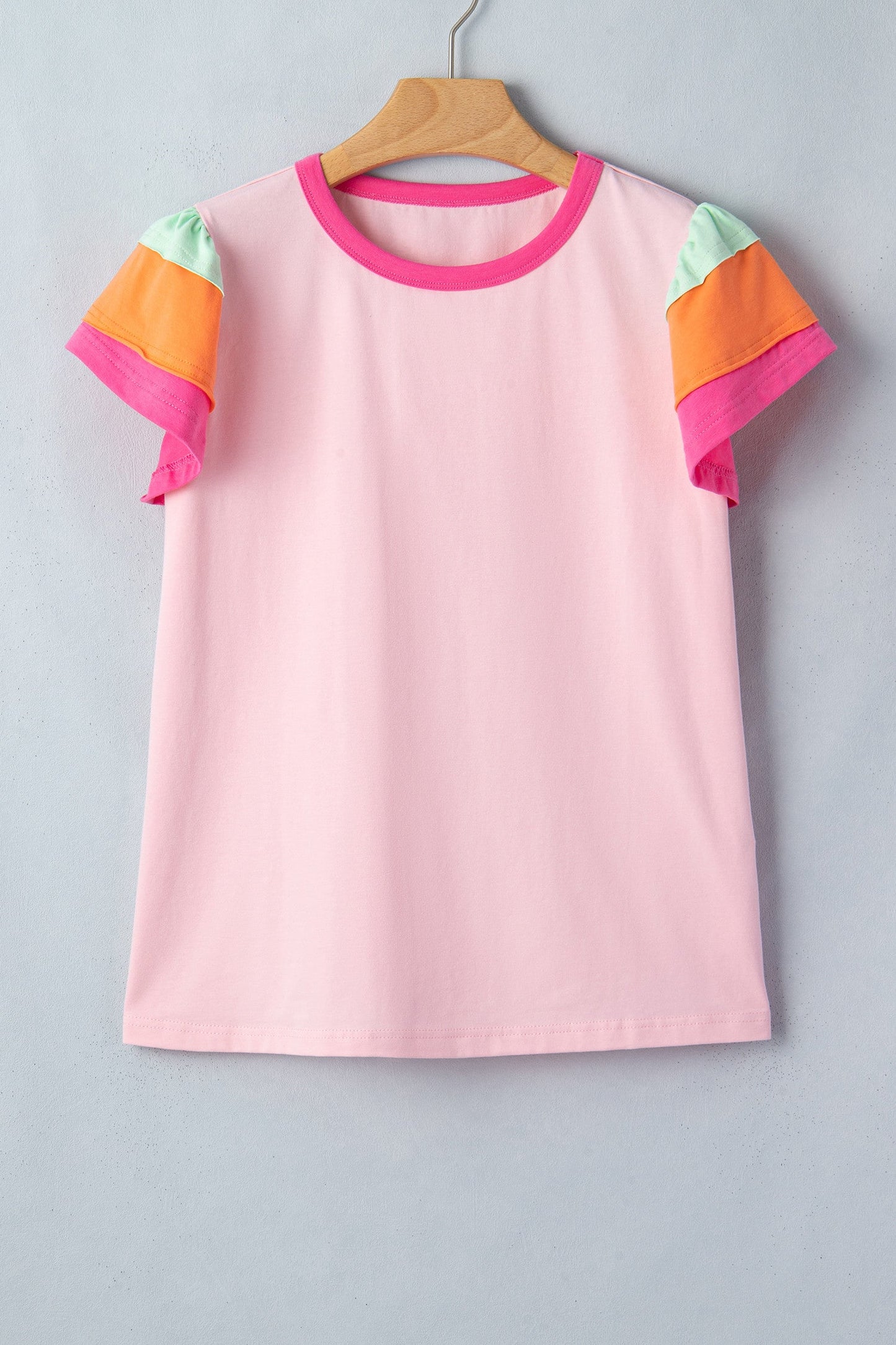Pink Colorblock Flutter Sleeve Top