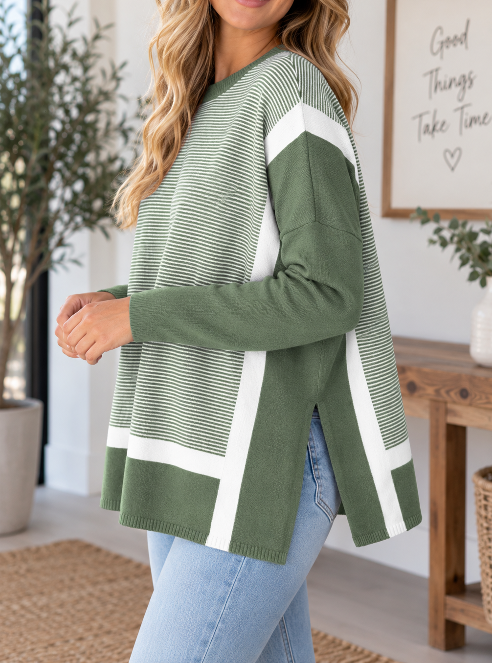 Oversized Stripe Colorblock Tunic Sweater