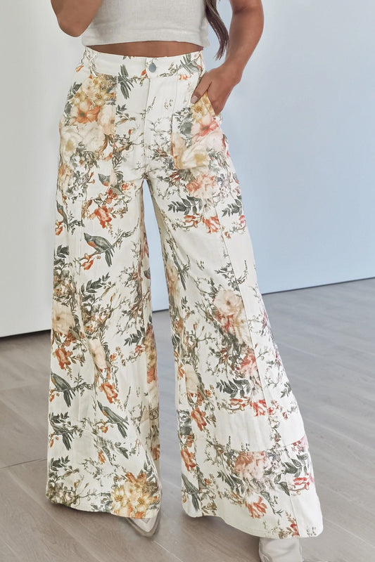 Beige Vintage Floral Jeans