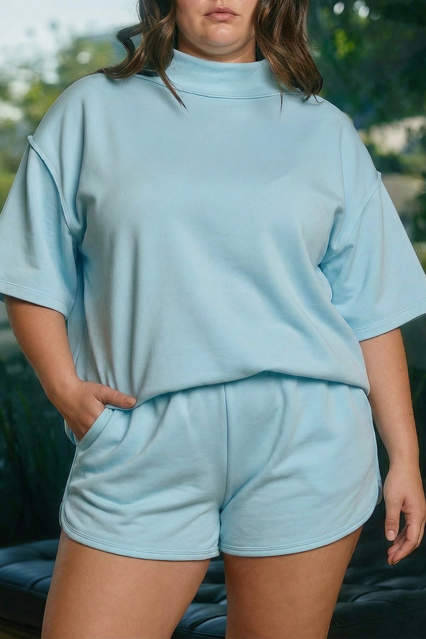 Blue Plus Size Mock Neck Set