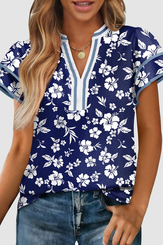 Blue Floral Contrast Trim Blouse RTS