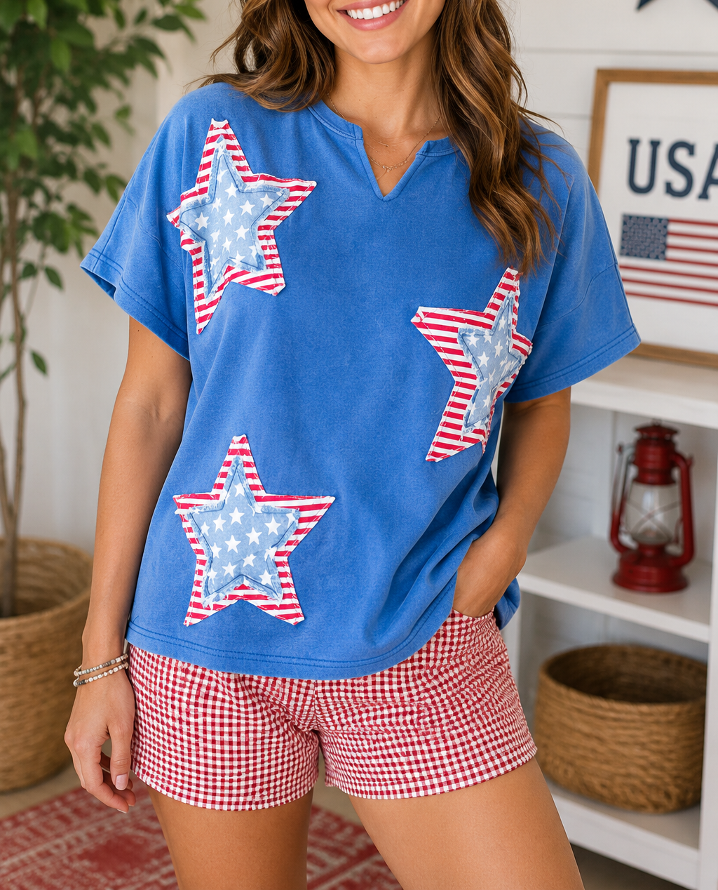 Blue Patriot Star Mineral Wash Top