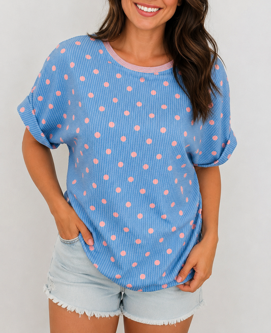 Blue Polka Dot Rib Top
