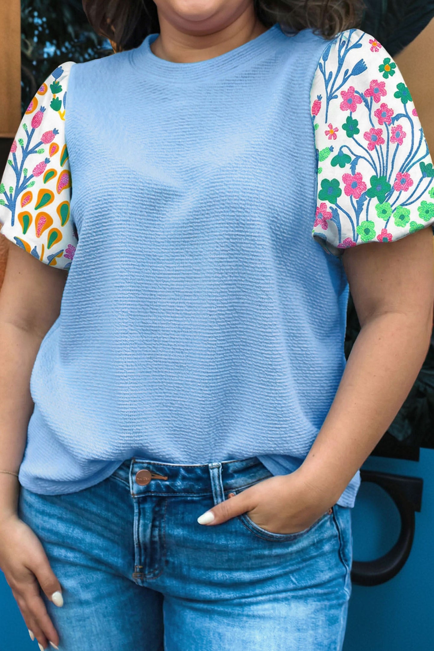 Blue Textured Floral Sleeve