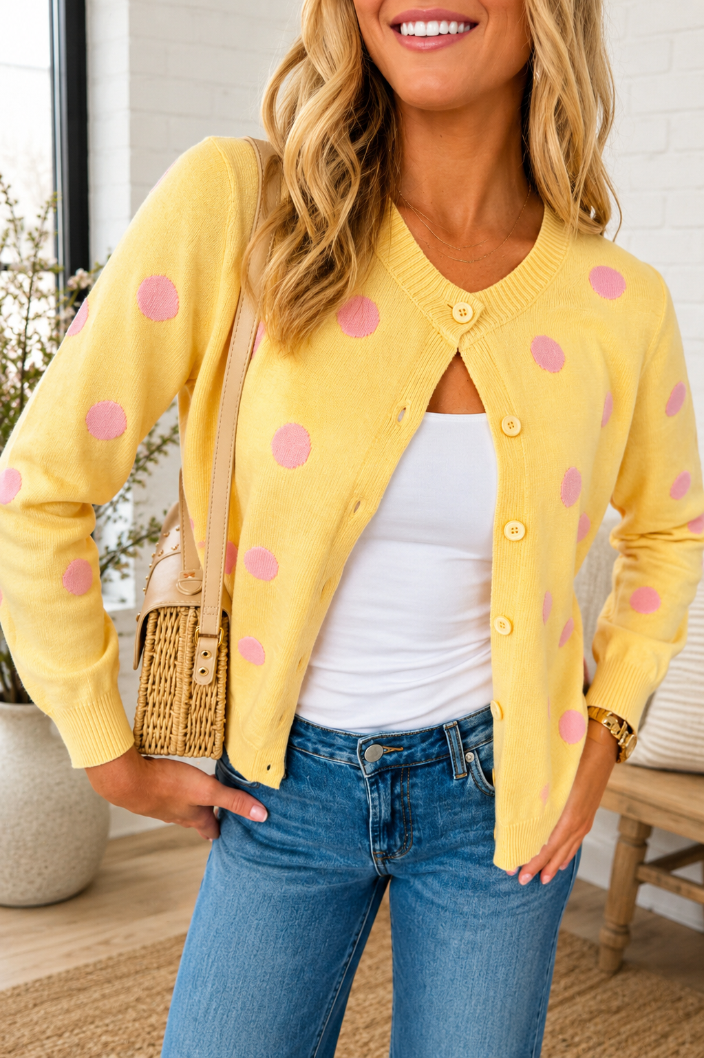 Yellow Pink Polka Dot Cardigan