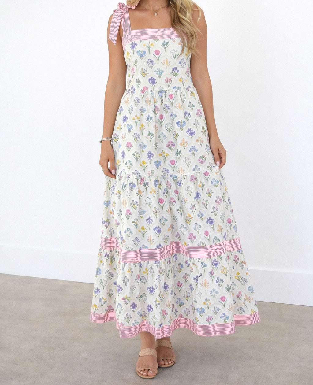 Floral Stripe Knot Strap Maxi Dress