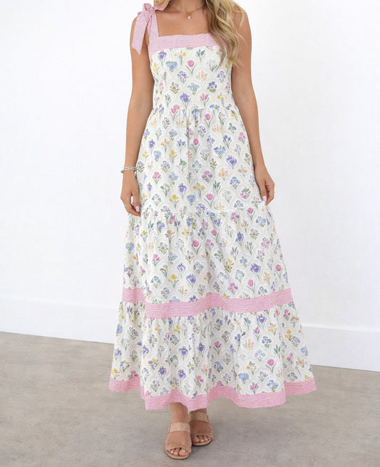 Floral Stripe Knot Strap Maxi Dress RTS