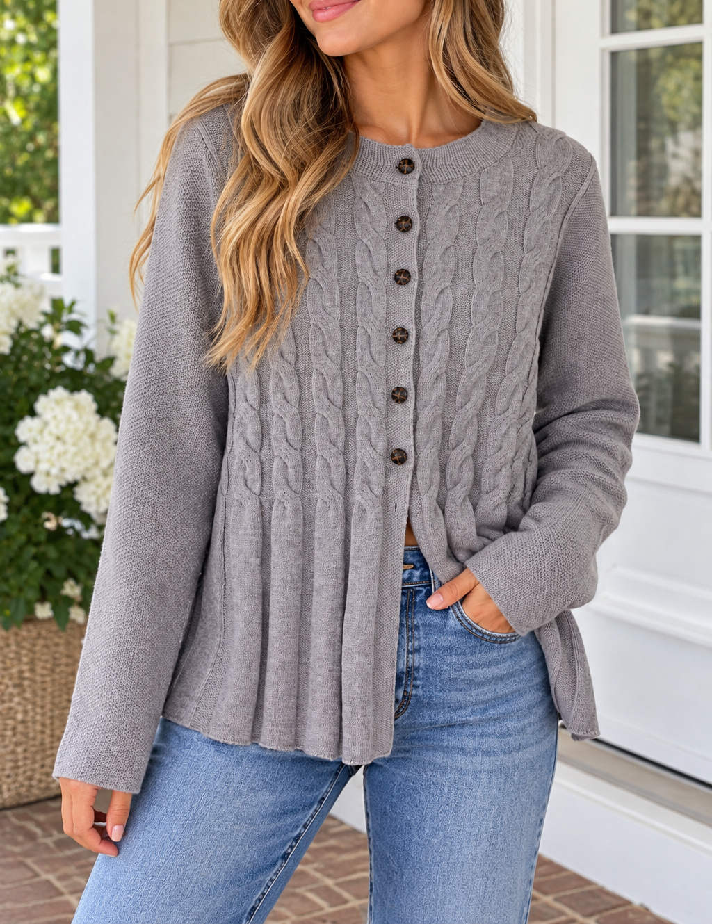 Gray Cable Knit Cardigan
