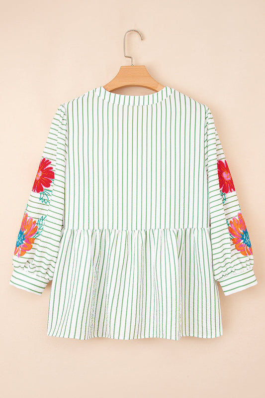 Green Stripe Flower Babydoll Blouse