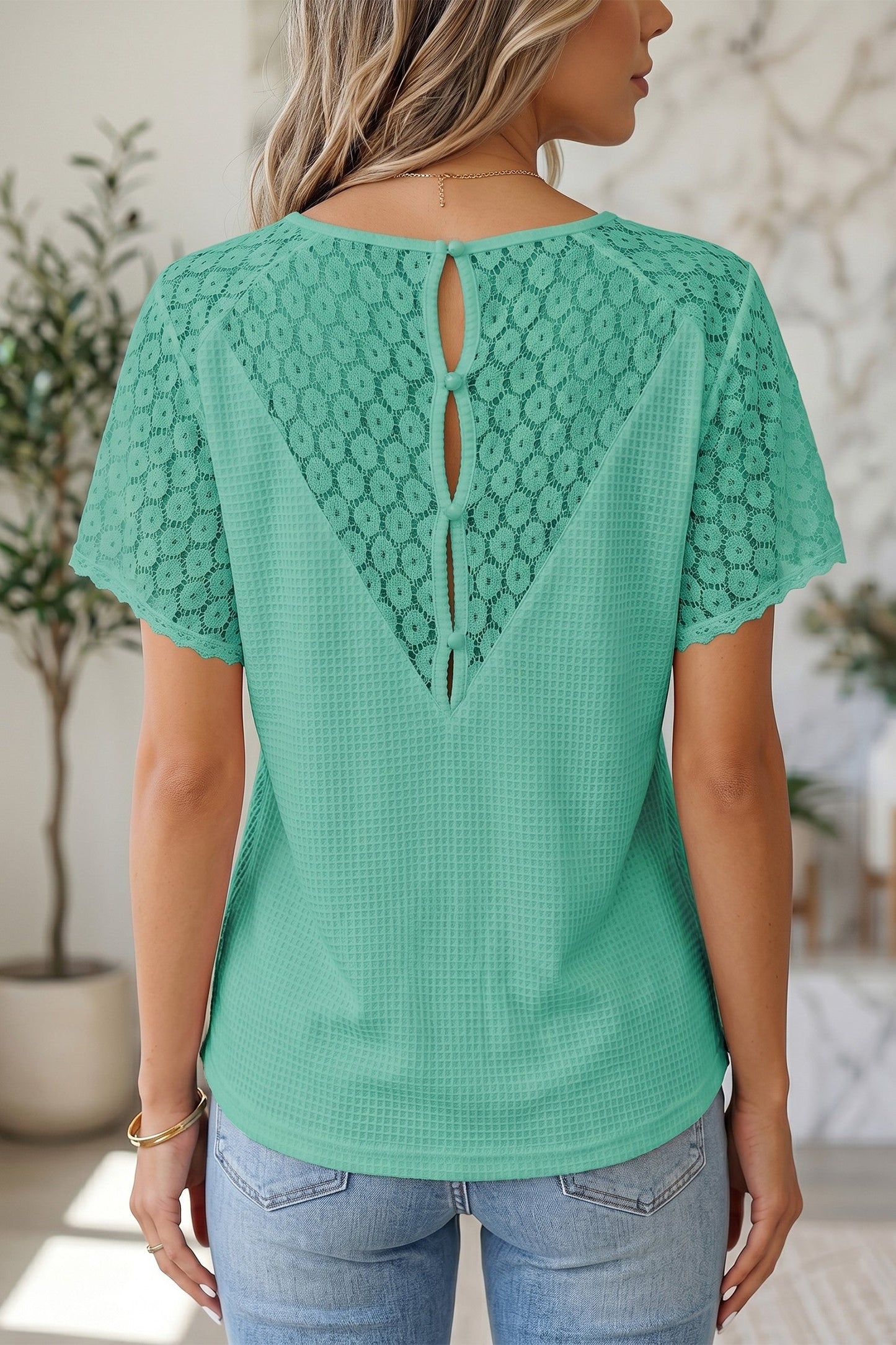 Green Lace Waffle Knit Blouse