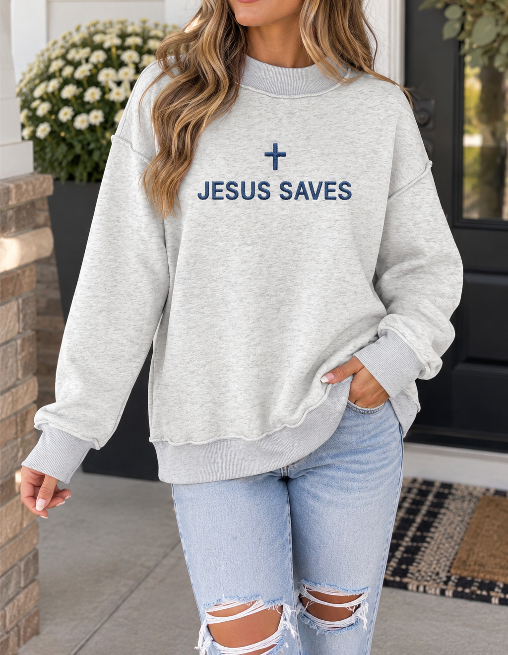 Grey JESUS SAVES Embroidered Sweatshirt