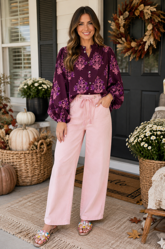 Light-Pink Tie Waist Barrel Jeans