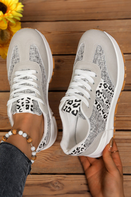 White Mix Texture Leopard Sneakers