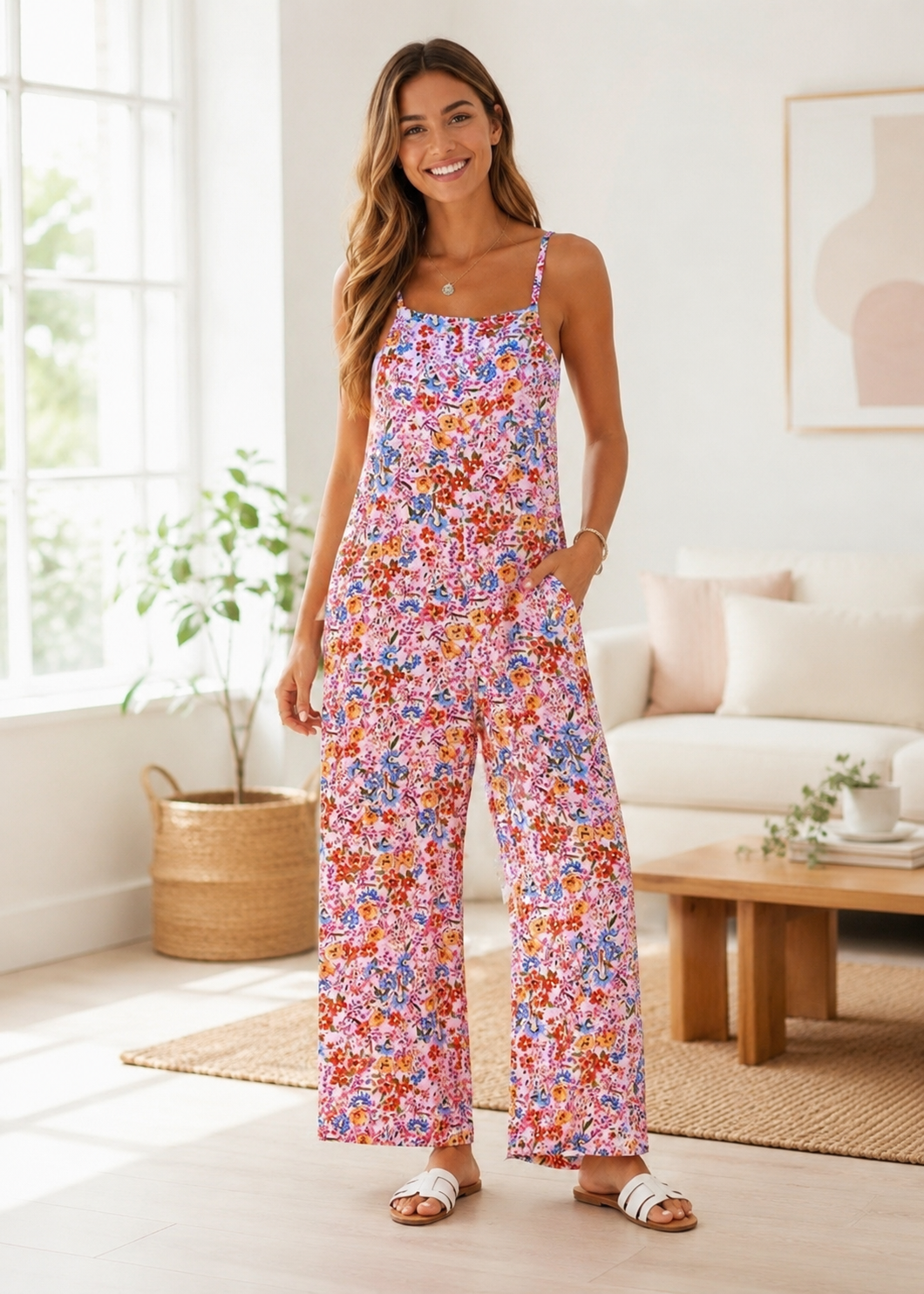 Floral Print Spaghetti Strap Pocketed Jumpsuit