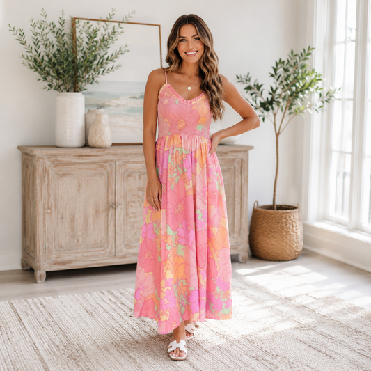 Pink Floral Shirred Dress