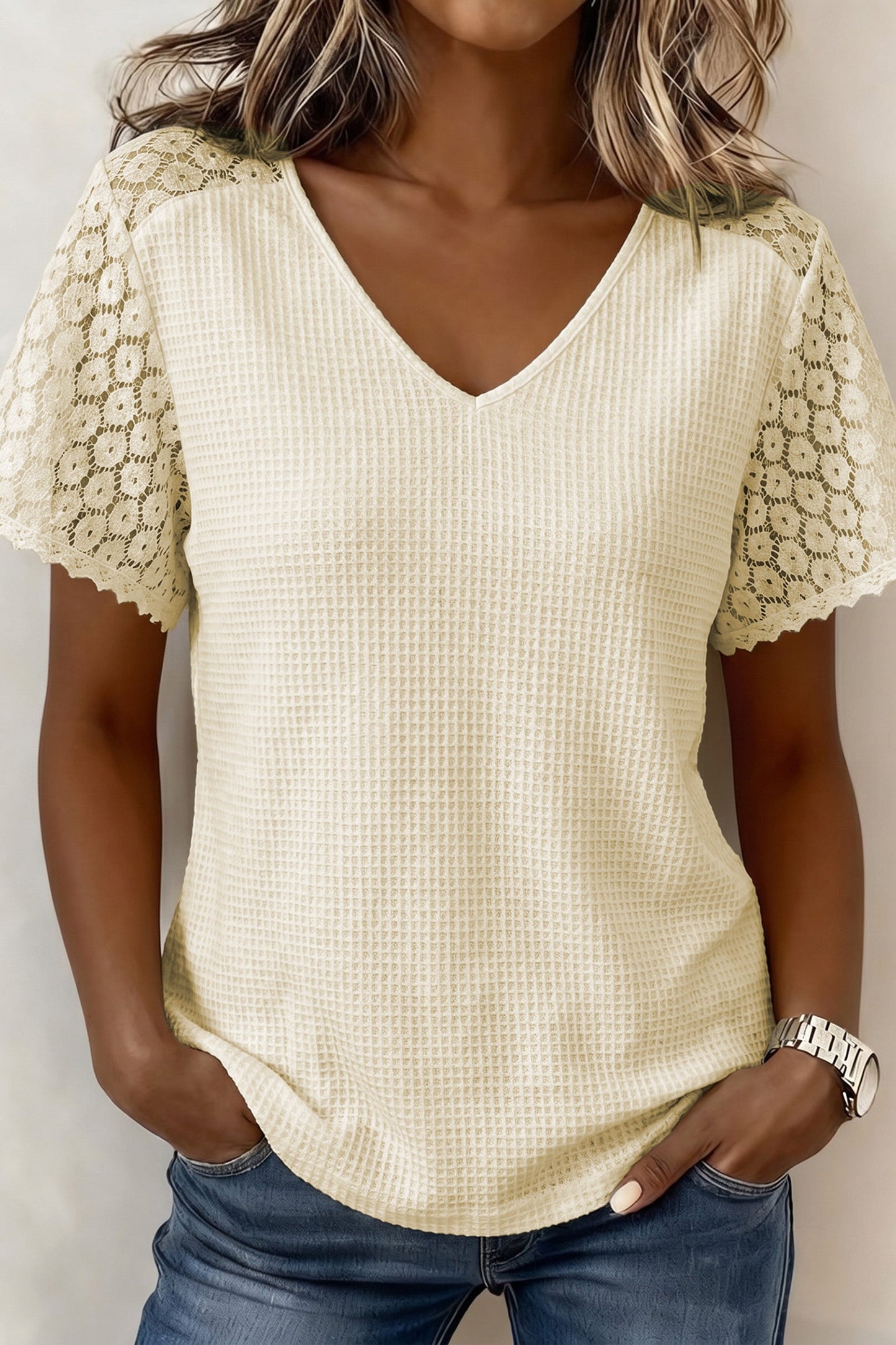 Lace Sleeve Waffle Knit Blouse New RTS