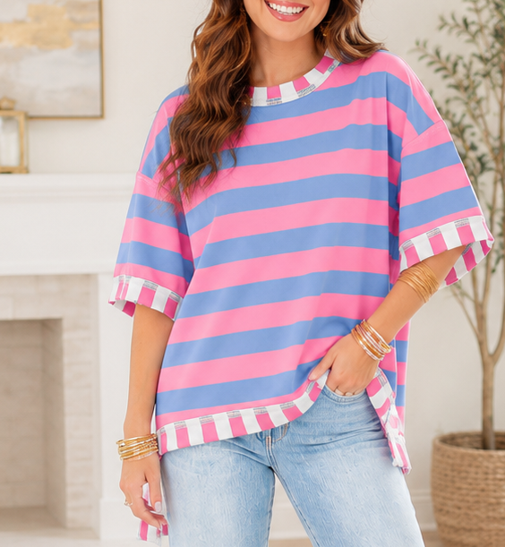 Pink Stripe Exposed Seam Oversized Top