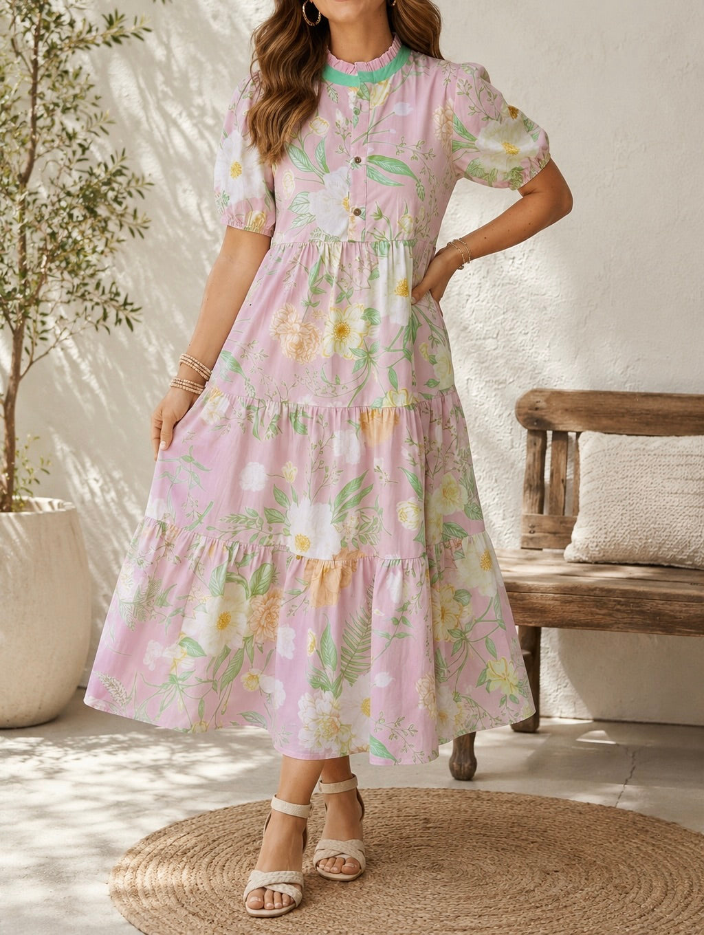 Pink Floral Tiered Dress