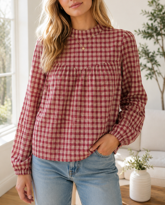 Plaid Keyhole Pleated Blouse Full Run RTS
