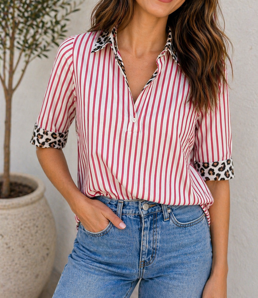 Red Stripe Leopard Trim Blouse
