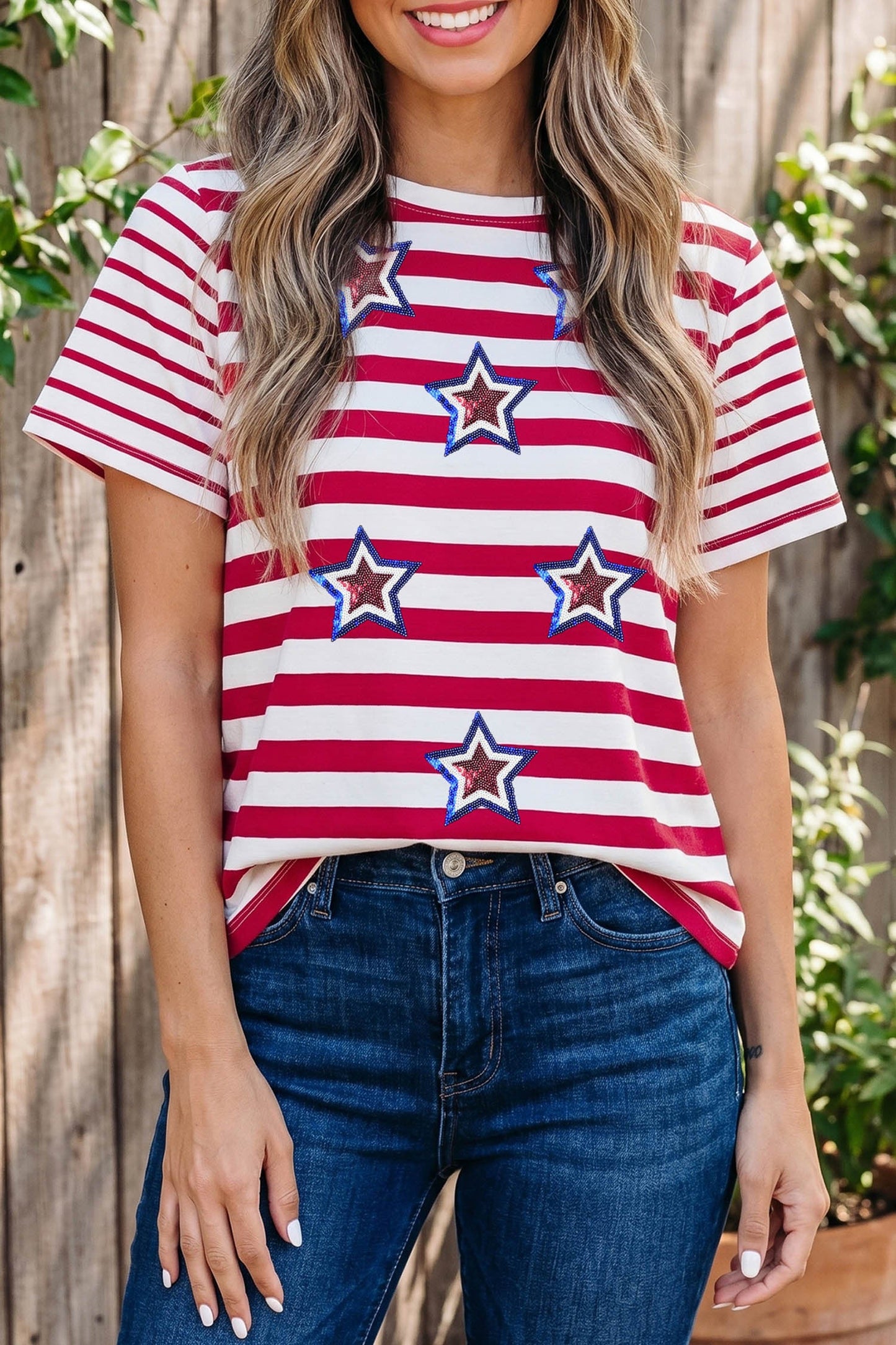Red Stripe Sequin Star Top