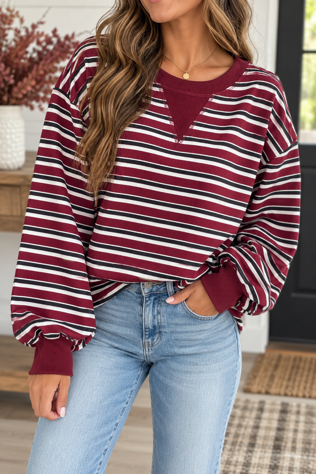 Red Stripe Dropped Shoulder Top