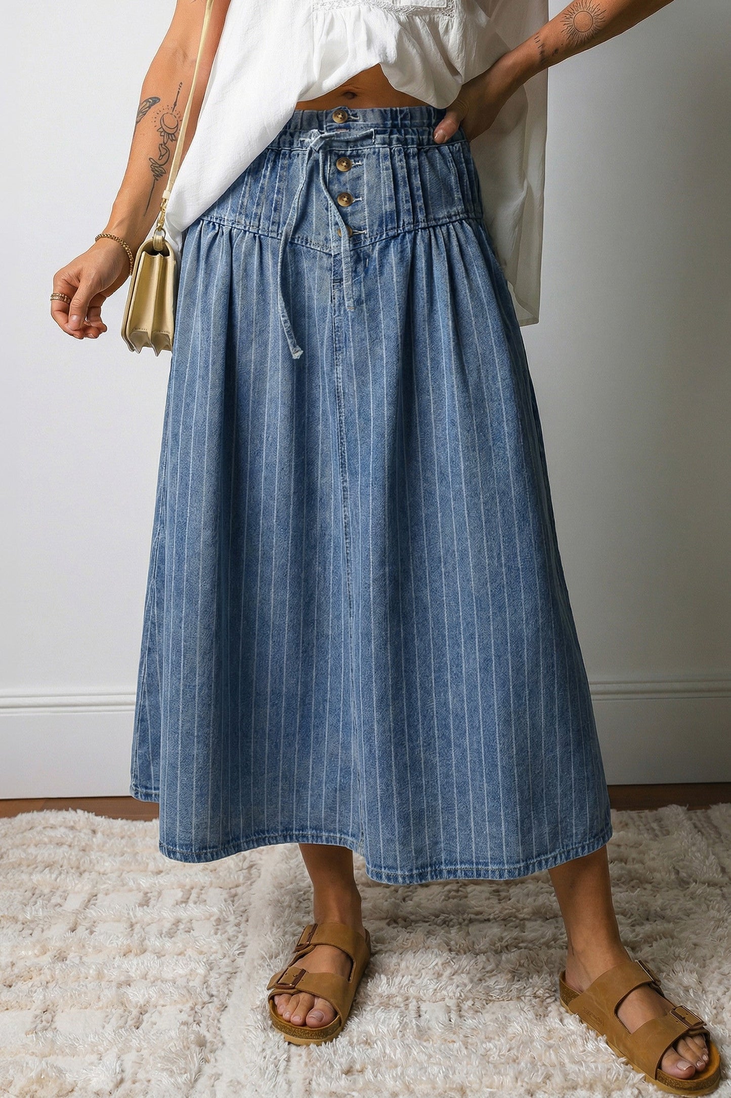 Stripe Denim Pintuck Midi Skirt