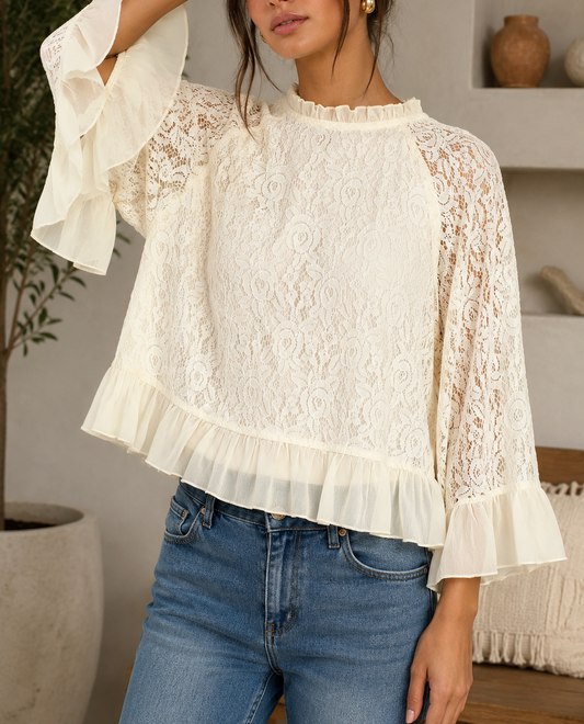 White Lace Ruffle Blouse