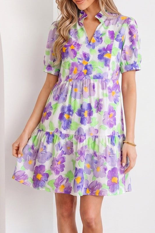 Purple Floral Ruffle Mini Dress